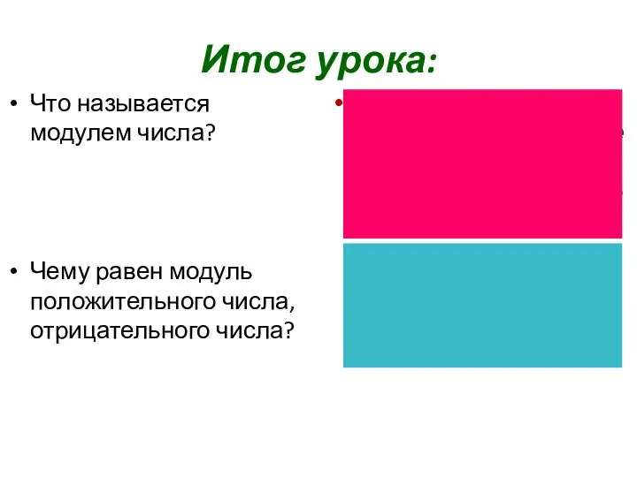 Итог урока: Что называется модулем числа? Чему равен модуль положительного числа,