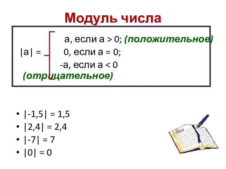 Модуль числа а, если а > 0; (положительное) |а| = 0,