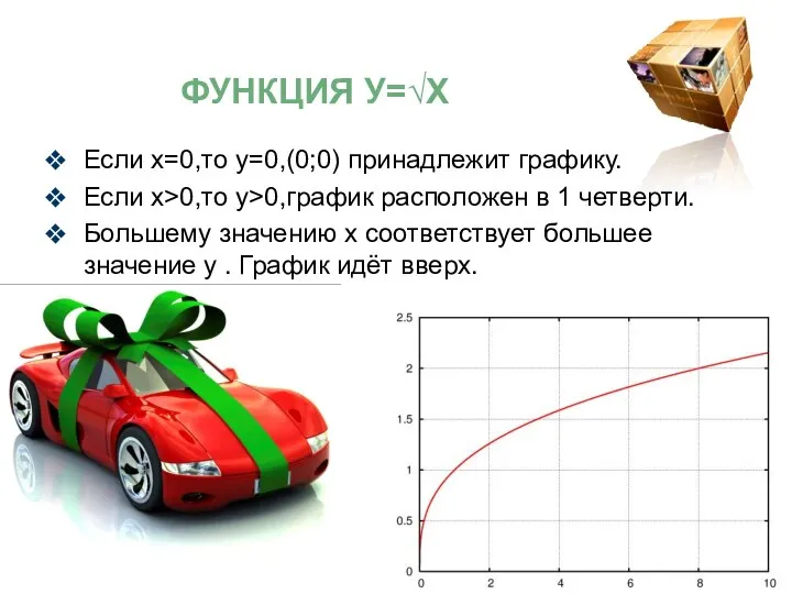 Если х=0,то у=0,(0;0) принадлежит графику. Если х>0,то у>0,график расположен в 1