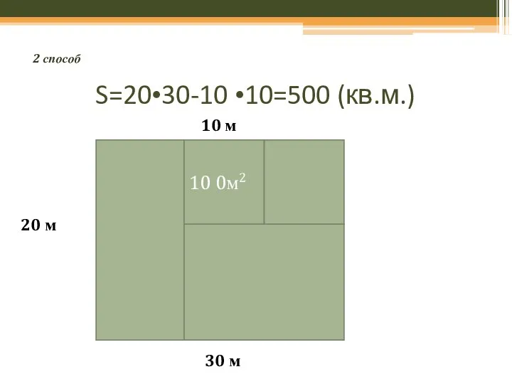 S=20•30-10 •10=500 (кв.м.) 20 м 30 м 10 м 10 0м2 2 способ