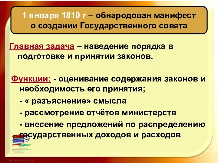 1 января 1810 г – обнародован манифест о создании Государственного совета