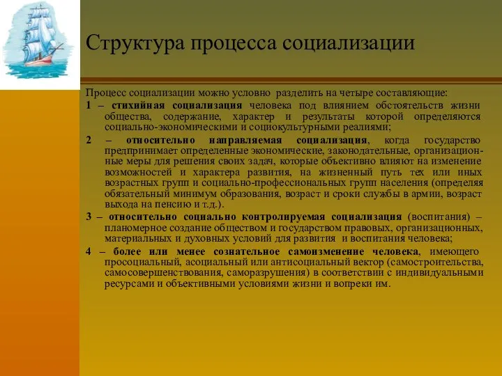 Структура процесса социализации Процесс социализации можно условно разделить на четыре составляющие: