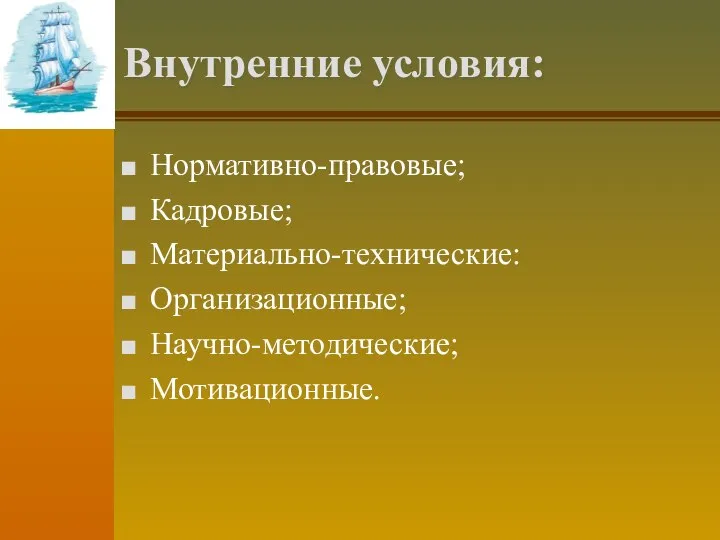 Внутренние условия: Нормативно-правовые; Кадровые; Материально-технические: Организационные; Научно-методические; Мотивационные.