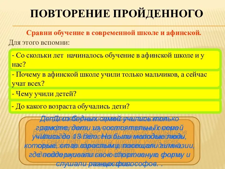 Повторение пройденного Сравни обучение в современной школе и афинской. Для этого