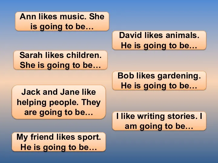 Ann likes music. She is going to be… David likes animals.