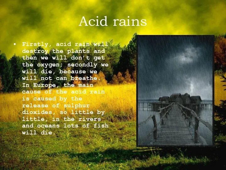 Acid rains Firstly, acid rain will destroy the plants and then