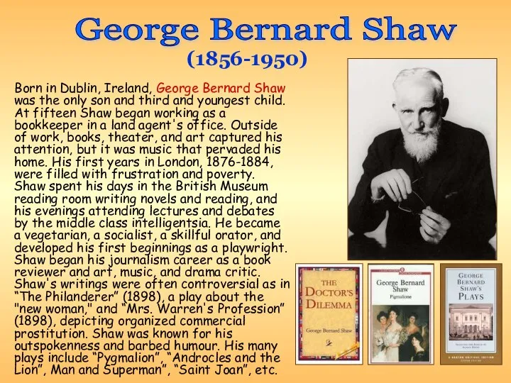 Born in Dublin, Ireland, George Bernard Shaw was the only son