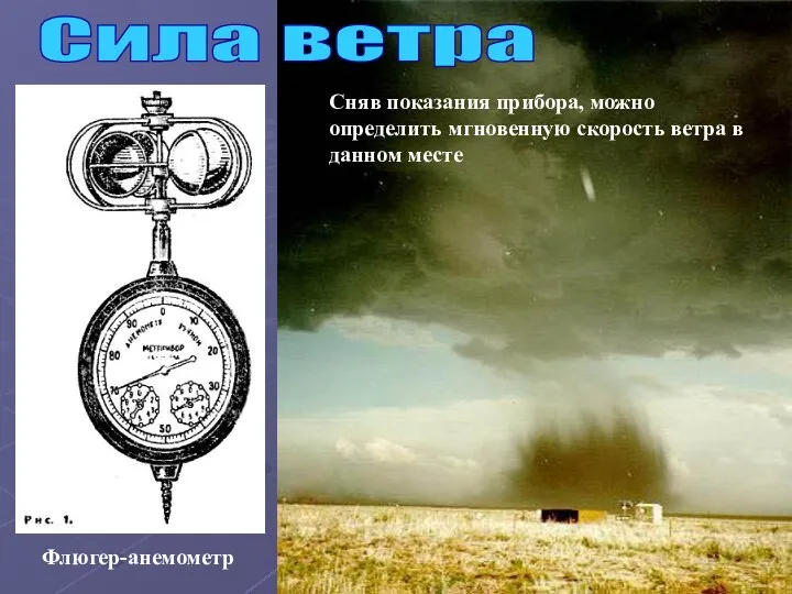 Флюгер-анемометр Сила ветра Сняв показания прибора, можно определить мгновенную скорость ветра в данном месте