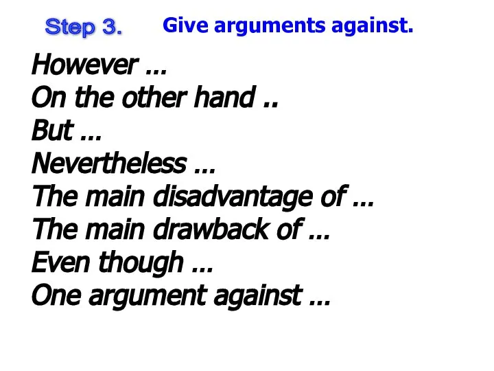 Step 3. Give arguments against. However … On the other hand