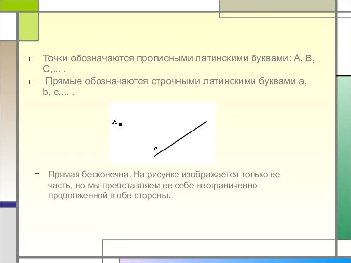 Точки обозначаются прописными латинскими буквами: A, B, C,... . Прямые обозначаются