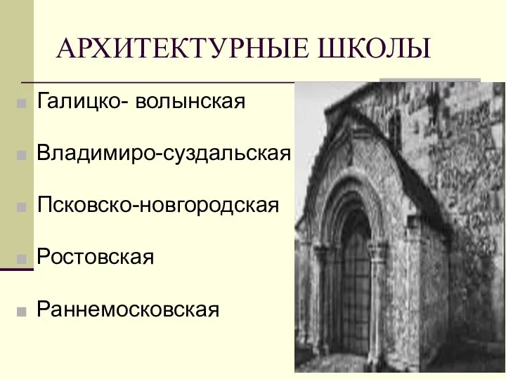 АРХИТЕКТУРНЫЕ ШКОЛЫ Галицко- волынская Владимиро-суздальская Псковско-новгородская Ростовская Раннемосковская