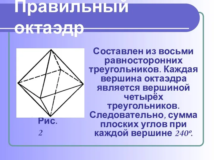 Составлен из восьми равносторонних треугольников. Каждая вершина октаэдра является вершиной четырёх