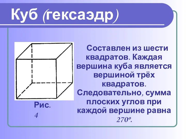 Составлен из шести квадратов. Каждая вершина куба является вершиной трёх квадратов.