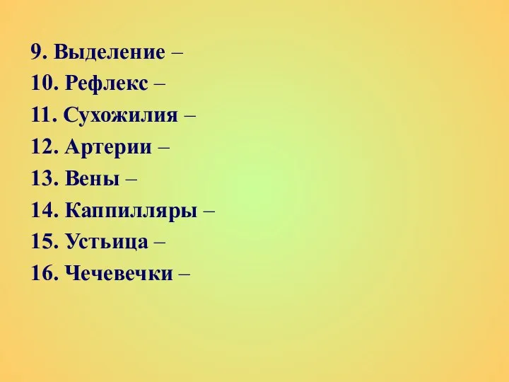 9. Выделение – 10. Рефлекс – 11. Сухожилия – 12. Артерии