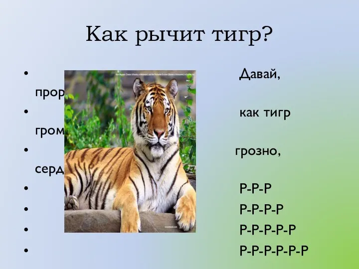 Как рычит тигр? Давай, прорычим, как тигр громко, грозно, сердито. Р-Р-Р Р-Р-Р-Р Р-Р-Р-Р-Р Р-Р-Р-Р-Р-Р