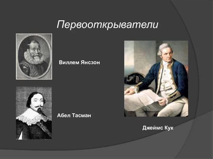 Джеймс Кук Виллем Янсзон Абел Тасман Первооткрыватели