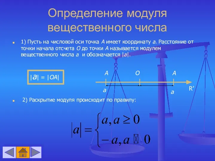 Определение модуля вещественного числа 1) Пусть на числовой оси точка А