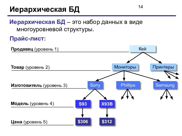 Иерархическая БД Иерархическая БД – это набор данных в виде многоуровневой