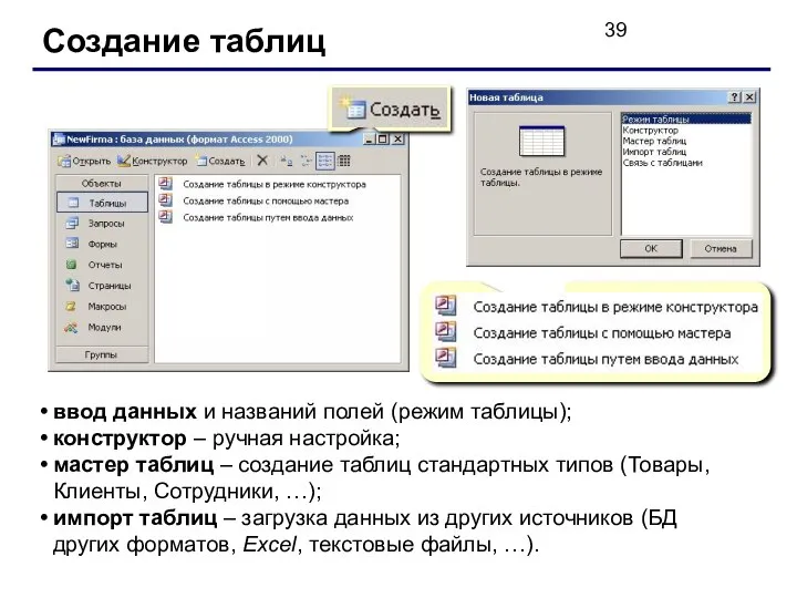 Создание таблиц ввод данных и названий полей (режим таблицы); конструктор –