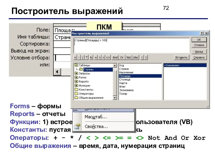 Построитель выражений Forms – формы Reports – отчеты Функции: 1) встроенные;