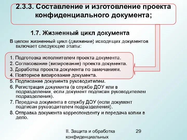 II. Защита и обработка конфиденциальных документов 2.3.3. Составление и изготовление проекта конфиденциального документа;