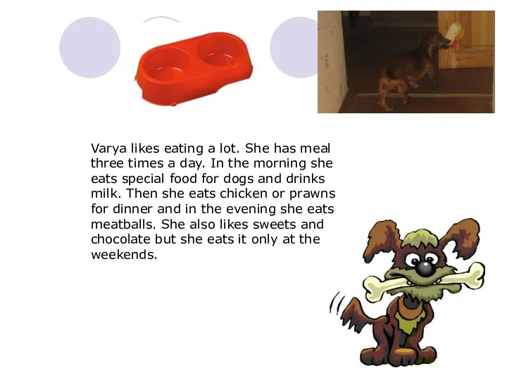 Varya likes eating a lot. She has meal three times a