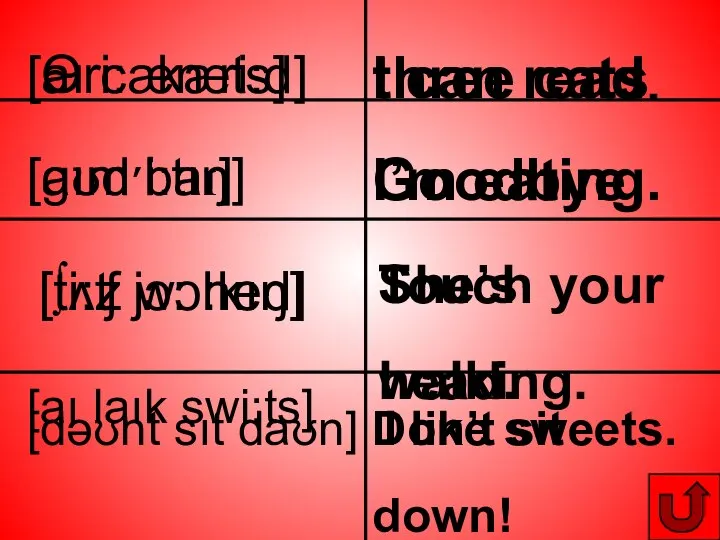 [tʌʧ jɔ: hed] [Ѳri: kæts] three cats Goodbye Touch your head.