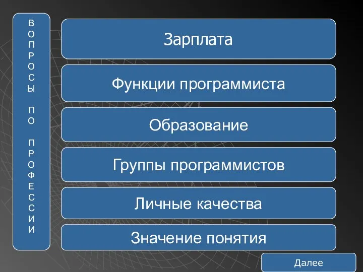 Зарплата Зарплата Функции программиста Образование Группы программистов В О П Р