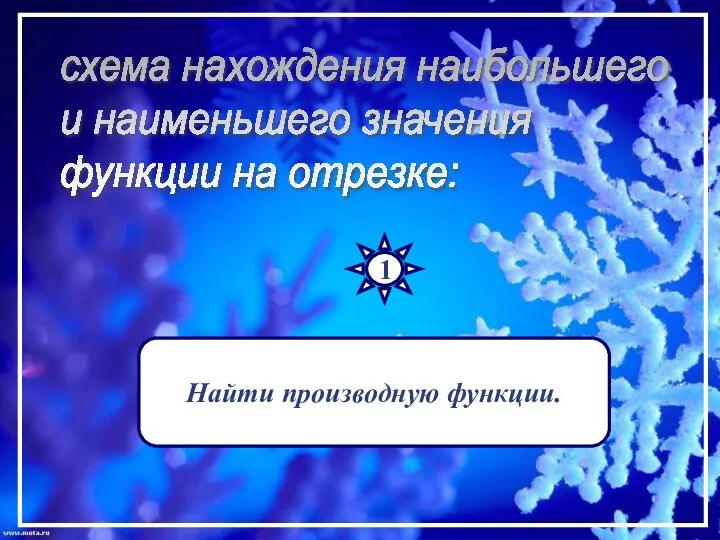 схема нахождения наибольшего и наименьшего значения функции на отрезке: 1 Найти производную функции.