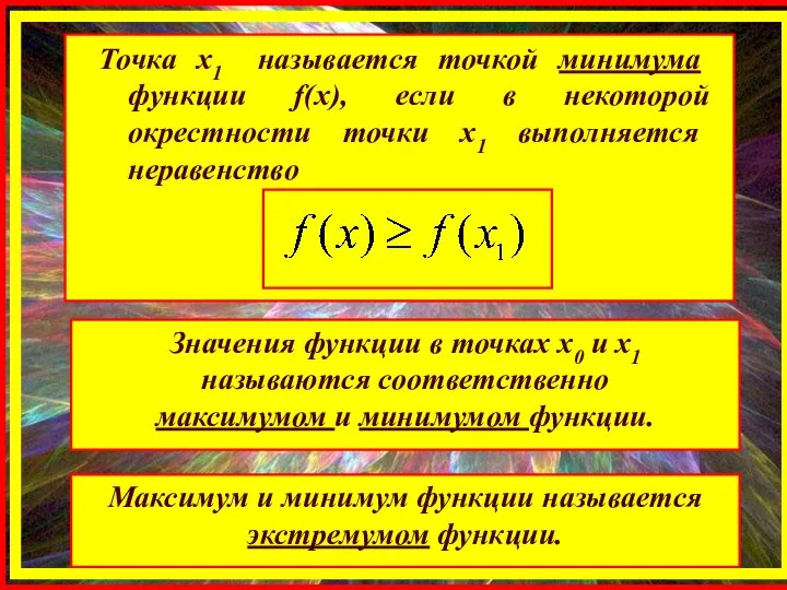 Точка х1 называется точкой минимума функции f(x), если в некоторой окрестности