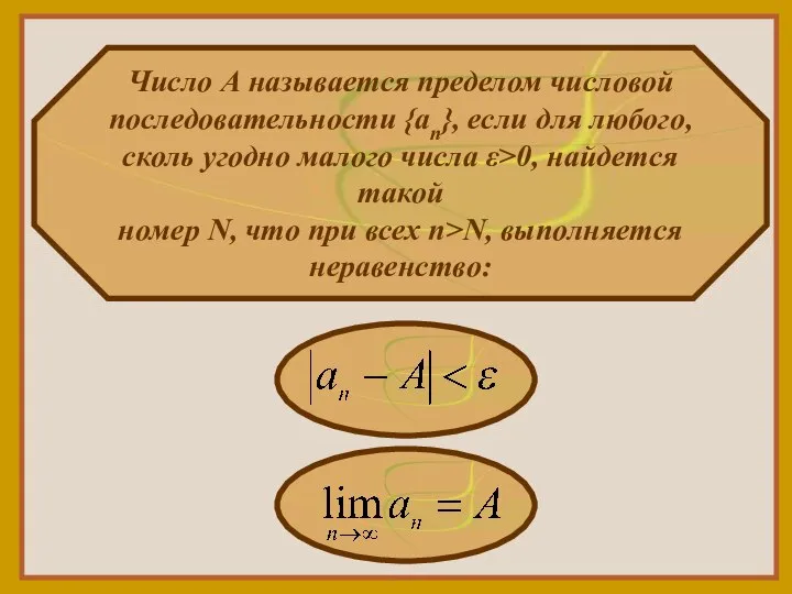 Число А называется пределом числовой последовательности {an}, если для любого, сколь