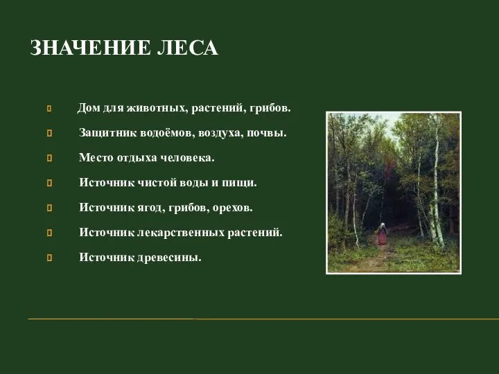 ЗНАЧЕНИЕ ЛЕСА Дом для животных, растений, грибов. Защитник водоёмов, воздуха, почвы.