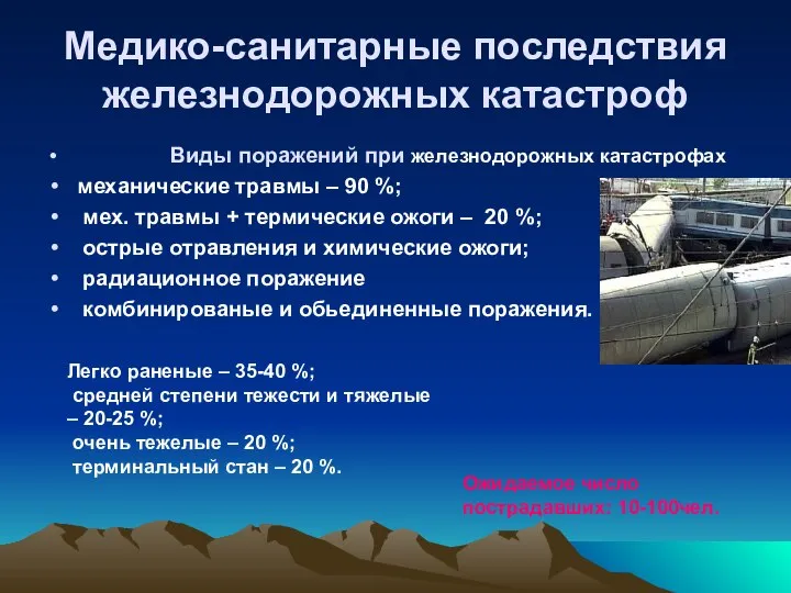 Медико-санитарные последствия железнодорожных катастроф Виды поражений при железнодорожных катастрофах механические травмы