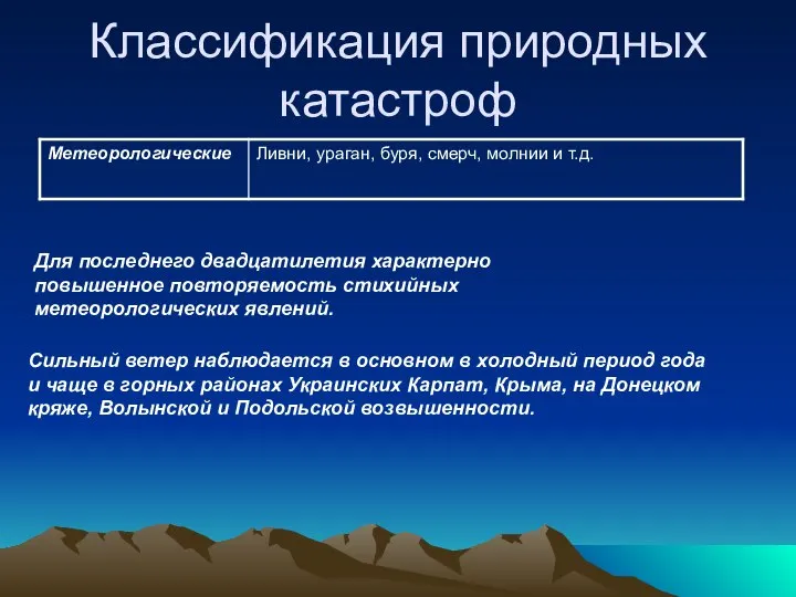 Классификация природных катастроф Для последнего двадцатилетия характерно повышенное повторяемость стихийных метеорологических