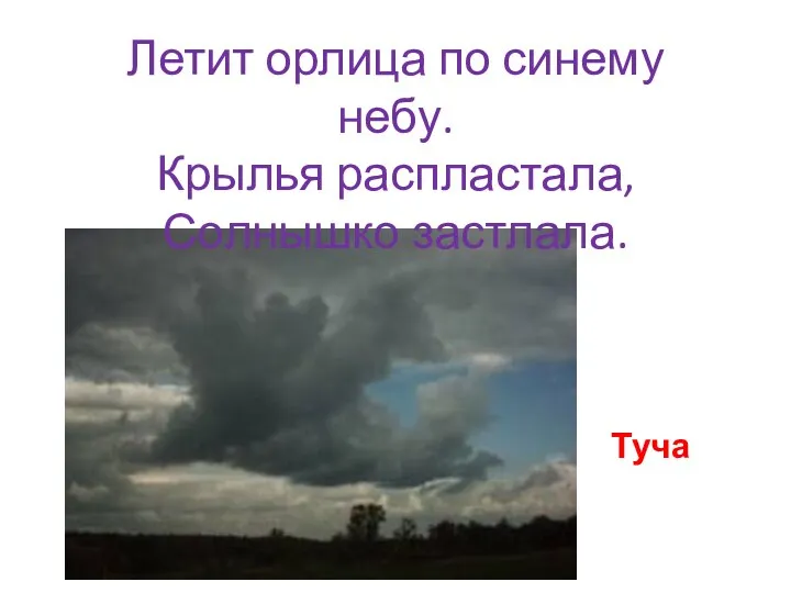 Летит орлица по синему небу. Крылья распластала, Солнышко застлала. Туча