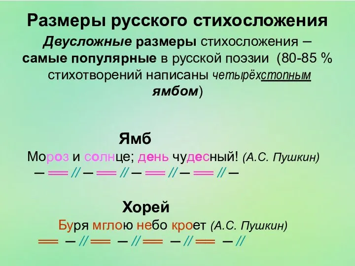 Размеры русского стихосложения Двусложные размеры стихосложения – самые популярные в русской