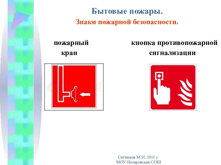 Бытовые пожары. Знаки пожарной безопасности. пожарный кнопка противопожарной кран сигнализации Ситников