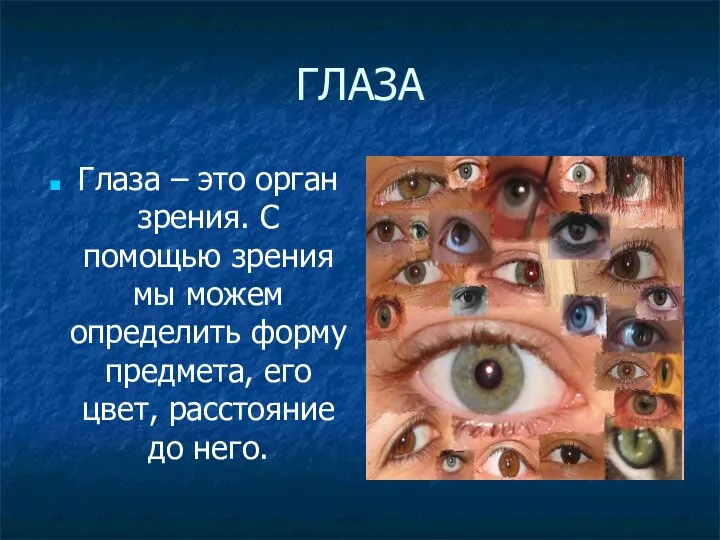 ГЛАЗА Глаза – это орган зрения. С помощью зрения мы можем