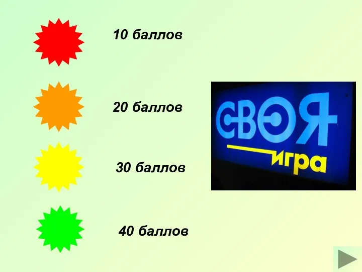 10 баллов 40 баллов 30 баллов 20 баллов