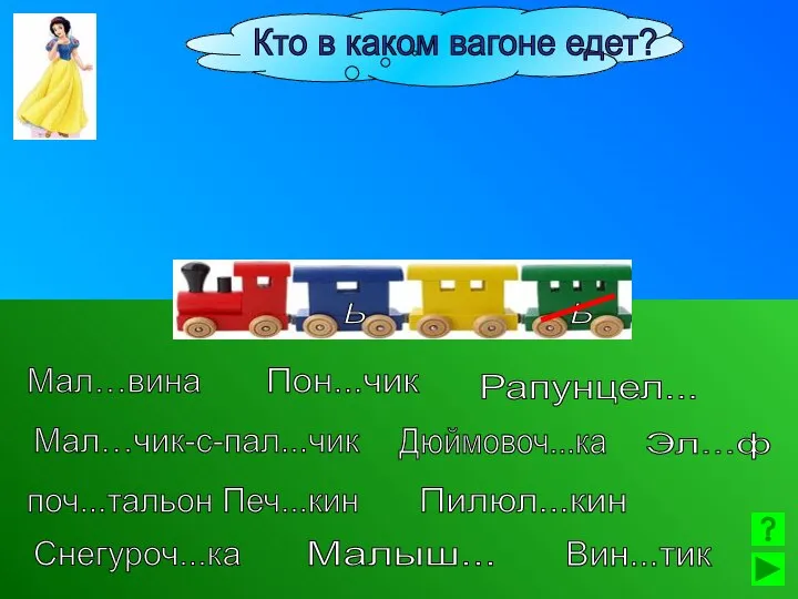 Мал…вина Пилюл...кин Мал…чик-с-пал...чик Пон...чик Дюймовоч...ка Вин...тик Кто в каком вагоне едет?