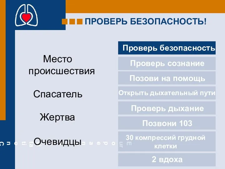 ПРОВЕРЬ БЕЗОПАСНОСТЬ! Место происшествия Спасатель Жертва Очевидцы Проверь безопасность Проверь сознание