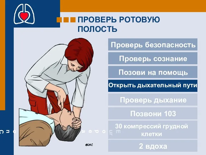 ПРОВЕРЬ РОТОВУЮ ПОЛОСТЬ Проверь безопасность Проверь сознание Позови на помощь Проверь