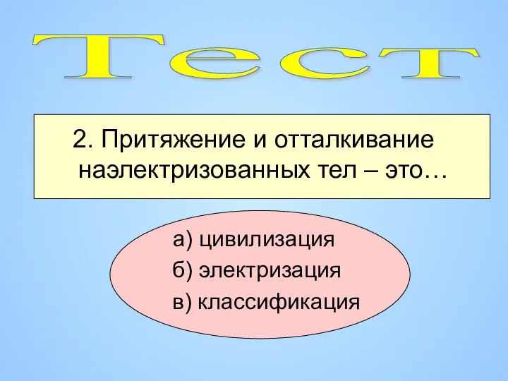 2. Притяжение и отталкивание наэлектризованных тел – это… а) цивилизация б) электризация в) классификация Тест