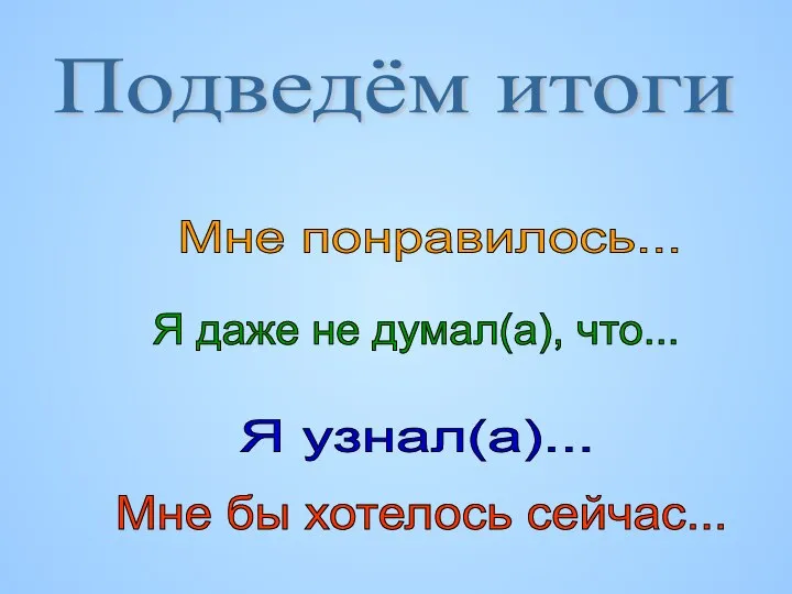 Подведём итоги Мне понравилось... Я даже не думал(а), что... Я узнал(а)... Мне бы хотелось сейчас...