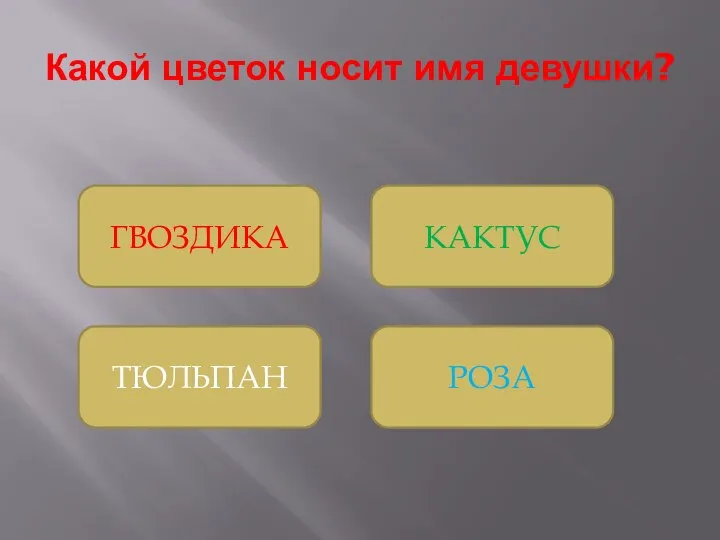 Какой цветок носит имя девушки? РОЗА КАКТУС ГВОЗДИКА ТЮЛЬПАН