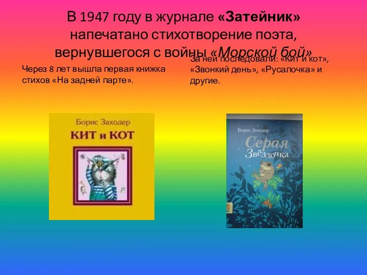 В 1947 году в журнале «Затейник» напечатано стихотворение поэта, вернувшегося с