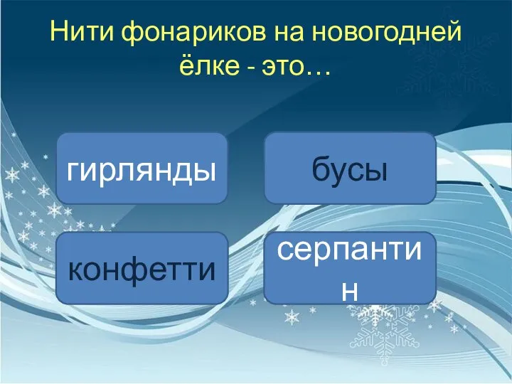 Нити фонариков на новогодней ёлке - это… гирлянды бусы конфетти серпантин