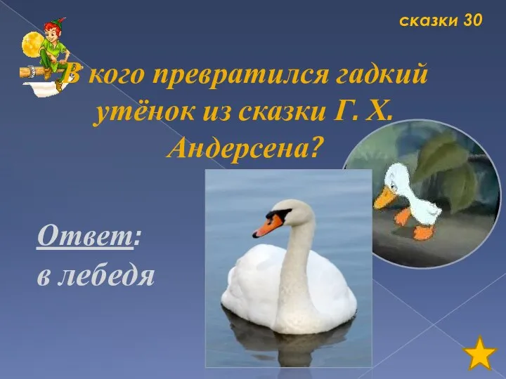 сказки 30 В кого превратился гадкий утёнок из сказки Г. Х. Андерсена? Ответ: в лебедя