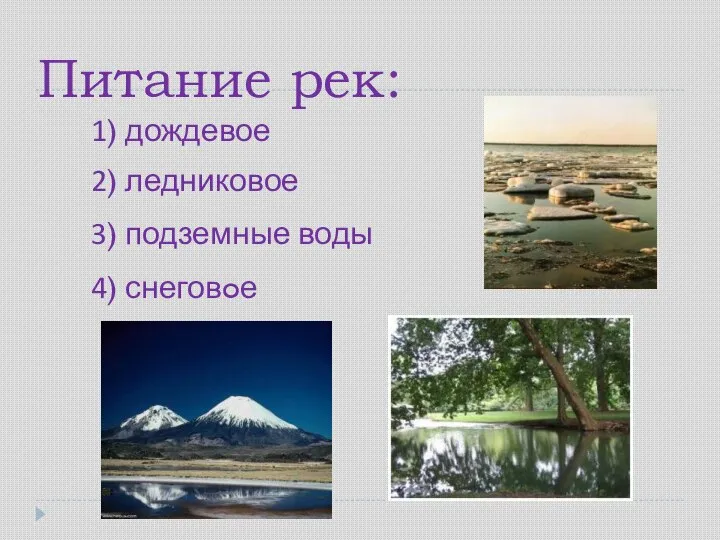 Питание рек: 3) подземные воды 4) снеговoе 1) дождевое 2) ледниковое