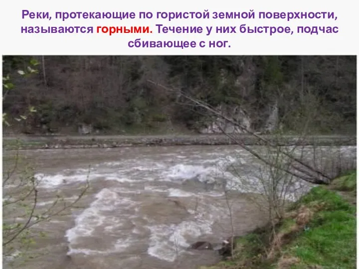 Реки, протекающие по гористой земной поверхности, называются горными. Течение у них быстрое, подчас сбивающее с ног.